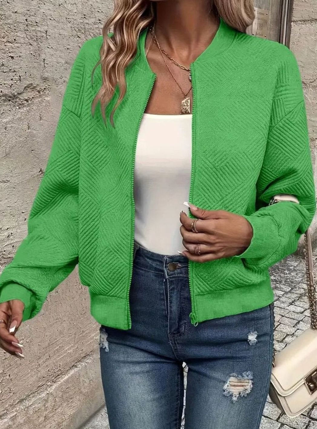 Women's Quilted Diamond-Textured Cropped Zip-Up Bomber Jacket - Green