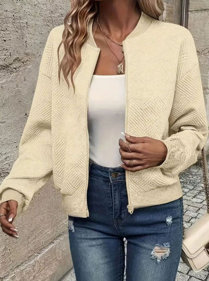 Women's Quilted Diamond-Textured Cropped Zip-Up Bomber Jacket - Apricot