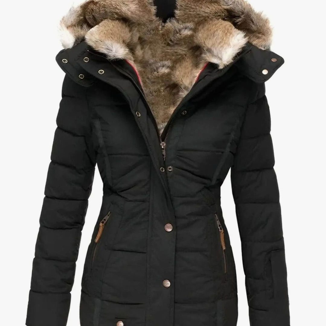 Women's Quilted Faux Fur Trim Hooded Puffer Jacket - Black