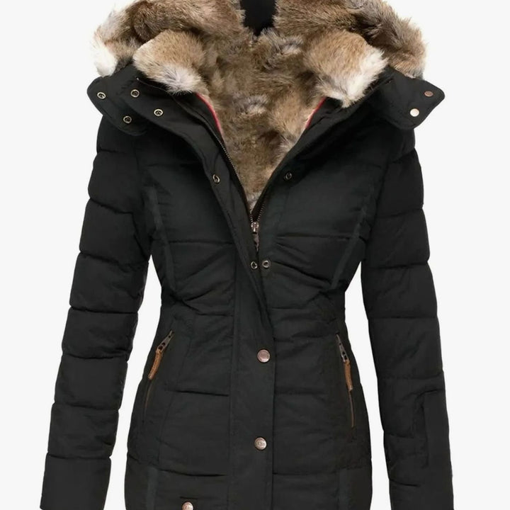 Women's Quilted Faux Fur Trim Hooded Puffer Jacket - Black