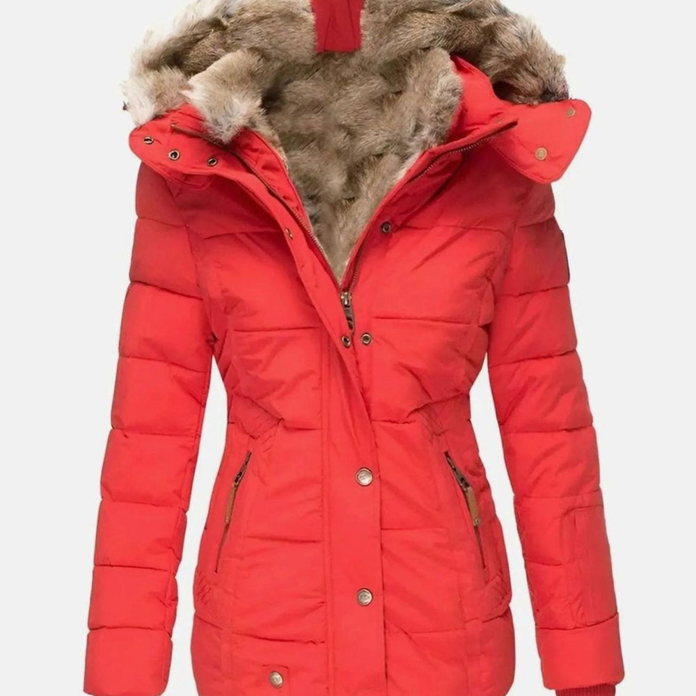 Women's Quilted Faux Fur Trim Hooded Puffer Jacket - Red