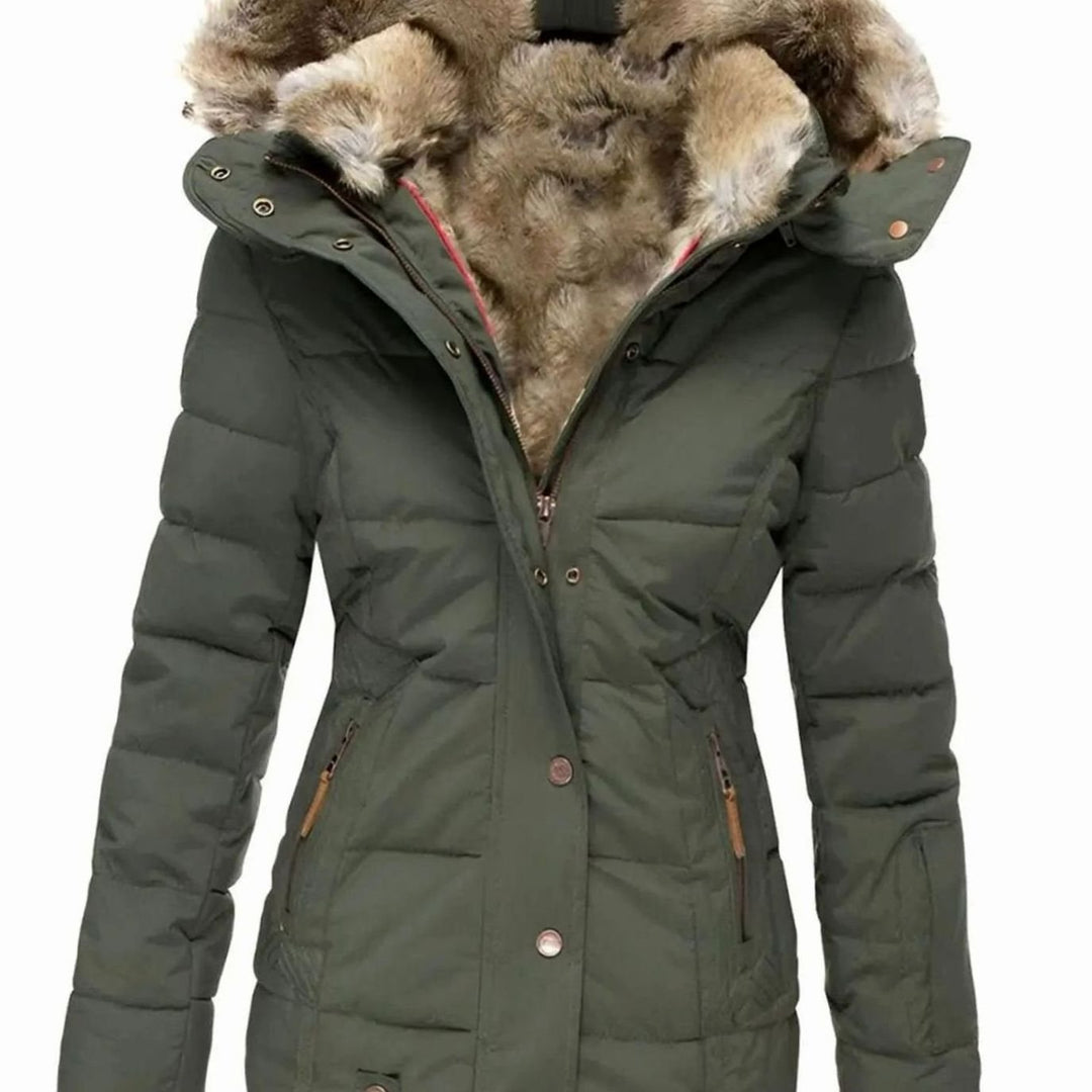 Women's Quilted Faux Fur Trim Hooded Puffer Jacket - Green