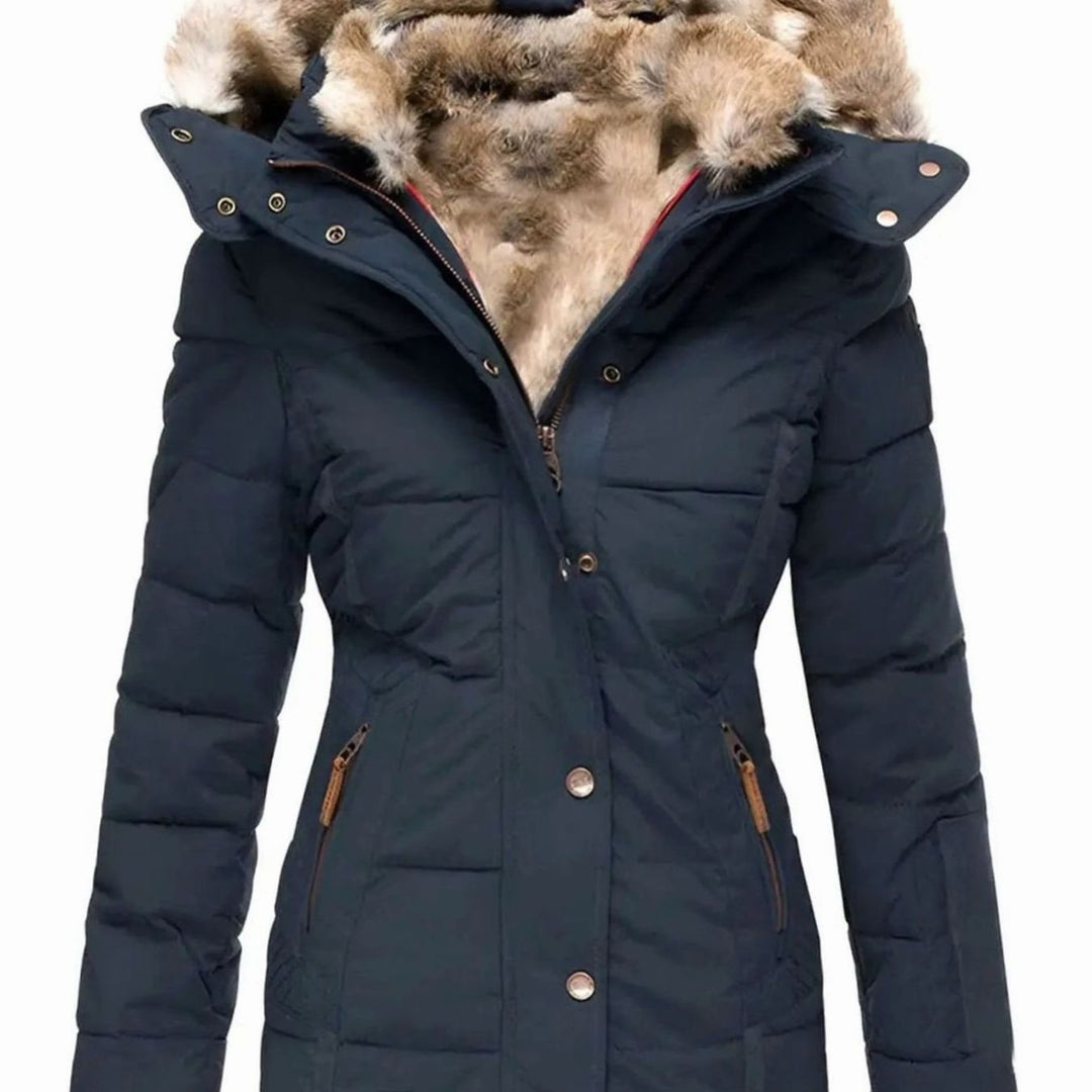 Women's Quilted Faux Fur Trim Hooded Puffer Jacket - Navy Blue
