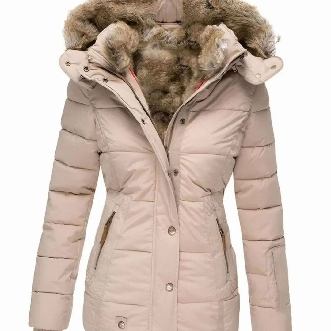 Women's Quilted Faux Fur Trim Hooded Puffer Jacket - Beige