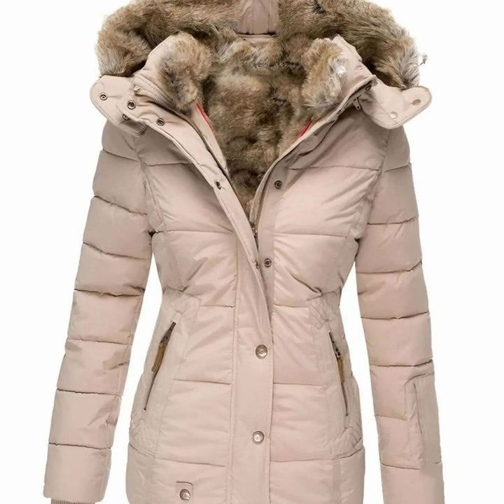 Women's Quilted Faux Fur Trim Hooded Puffer Jacket - Beige