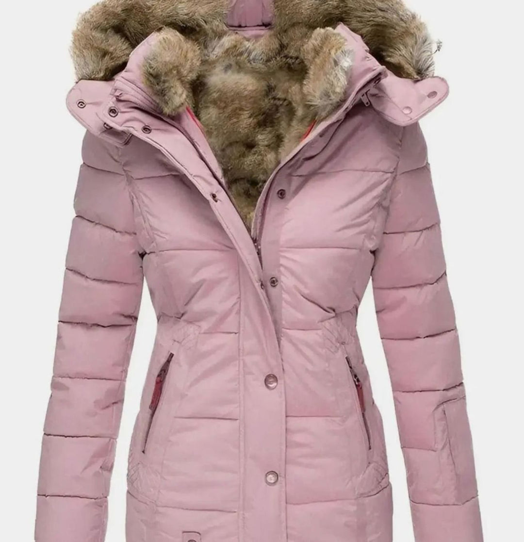 Women's Quilted Faux Fur Trim Hooded Puffer Jacket - Pink