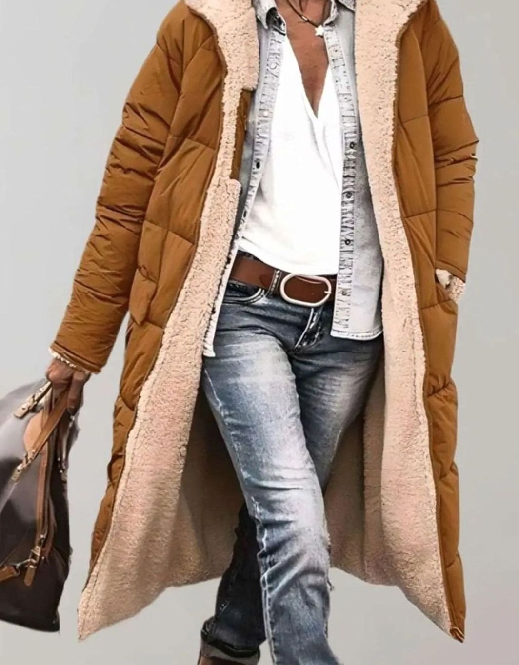 Women's Quilted Fleece-Lined Hooded Longline Parka Coat - Brown