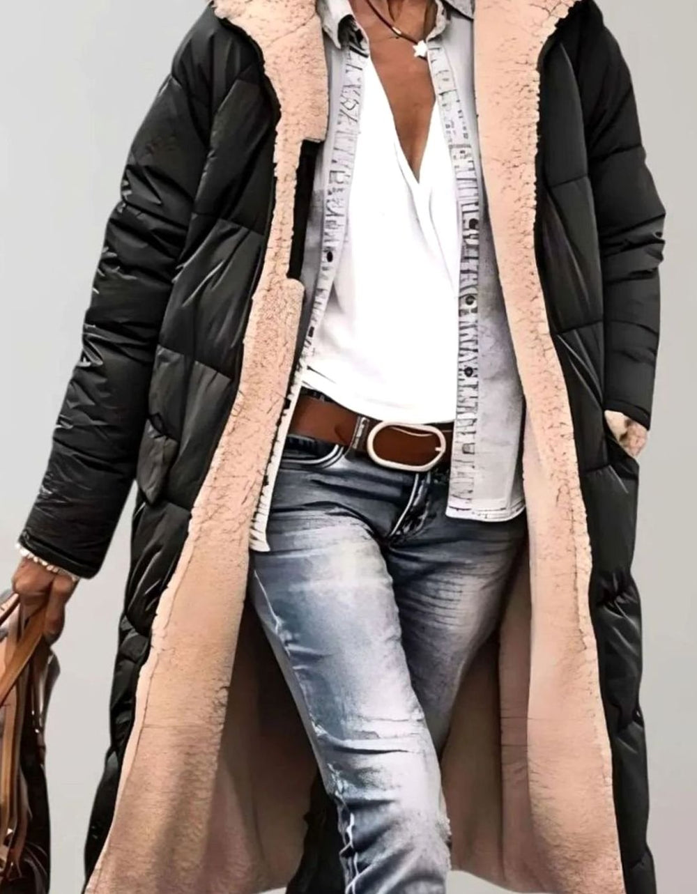 Women's Quilted Fleece-Lined Hooded Longline Parka Coat - Black