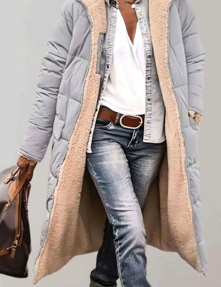 Women's Quilted Fleece-Lined Hooded Longline Parka Coat - Grey