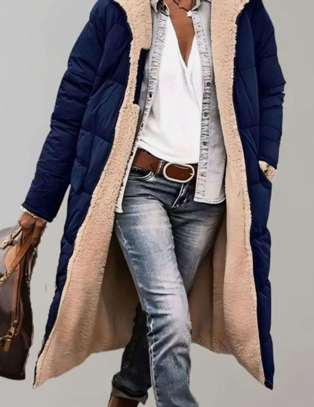 Women's Quilted Fleece-Lined Hooded Longline Parka Coat - Navy Blue