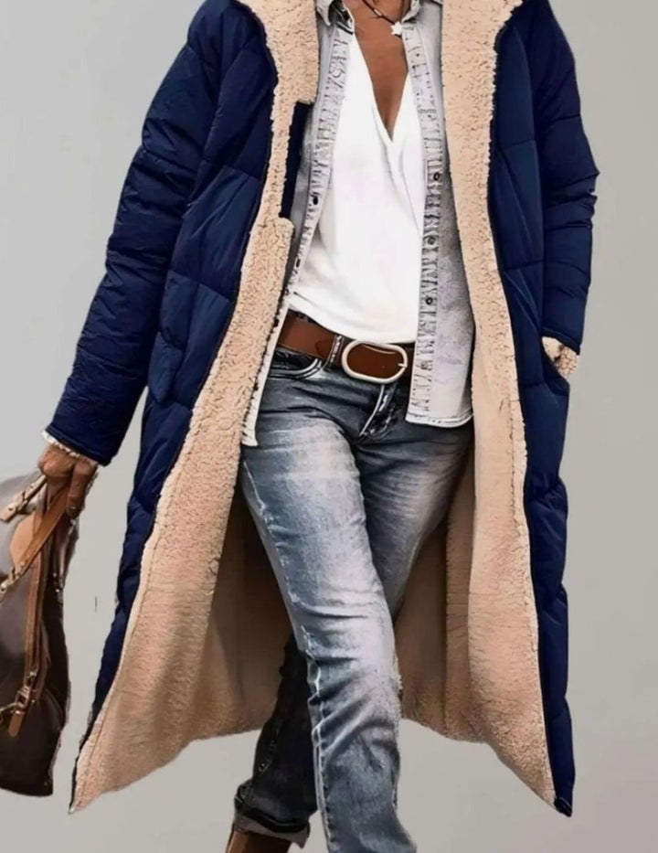 Women's Quilted Fleece-Lined Hooded Longline Parka Coat - Navy Blue