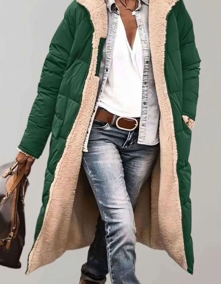 Women's Quilted Fleece-Lined Hooded Longline Parka Coat - Army Green