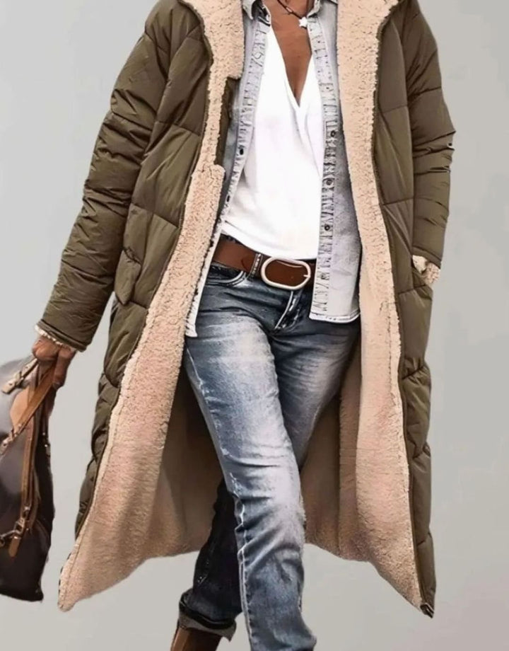 Women's Quilted Fleece-Lined Hooded Longline Parka Coat - Army