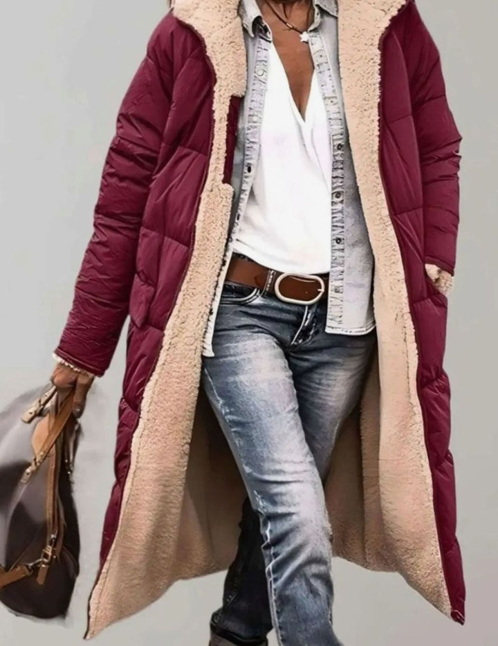 Women's Quilted Fleece-Lined Hooded Longline Parka Coat - Red