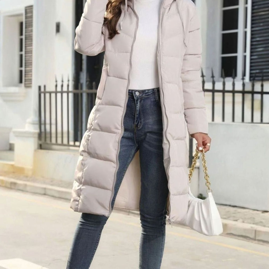 Women's Quilted Hooded Long Zip-Up Puffer Winter Coat - Beige