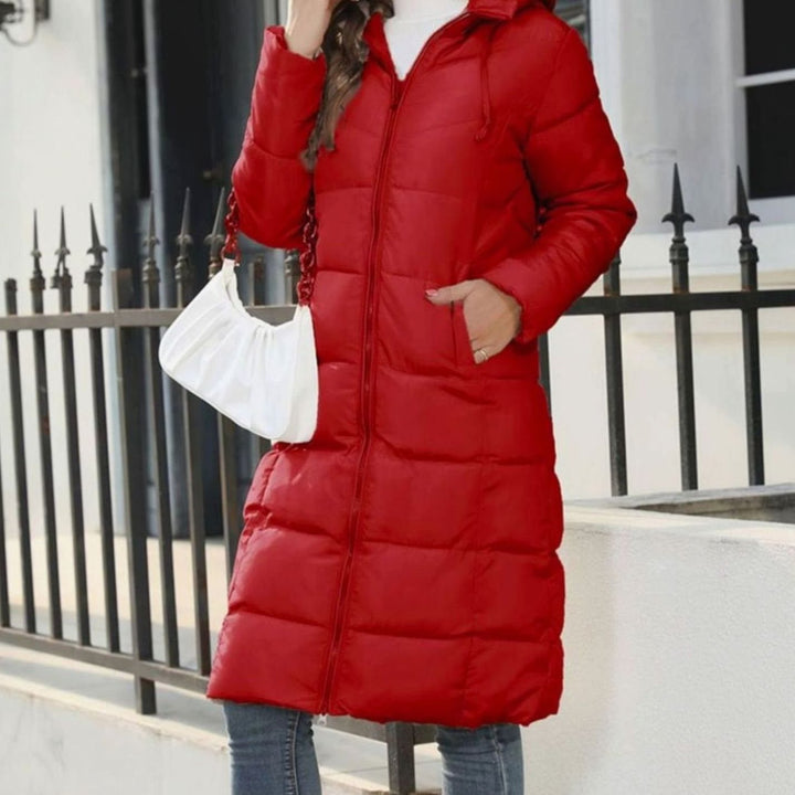 Women's Quilted Hooded Long Zip-Up Puffer Winter Coat - Red