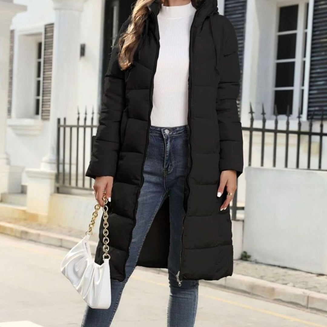 Women's Quilted Hooded Long Zip-Up Puffer Winter Coat - Black