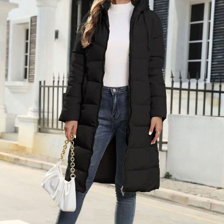 Women's Quilted Hooded Long Zip-Up Puffer Winter Coat - Black