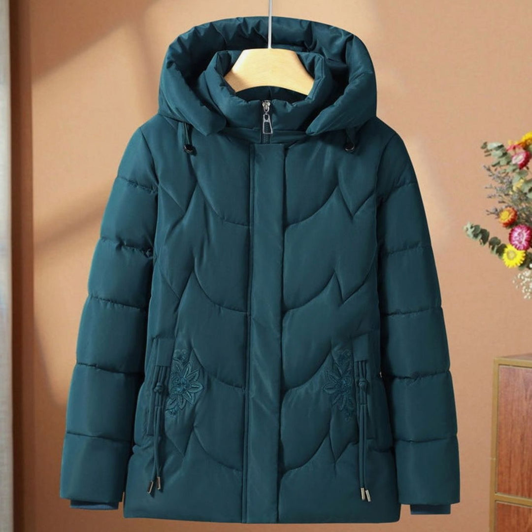 Women's Quilted Hooded Puffer Jacket Floral Embroidered Plus Size - Blue