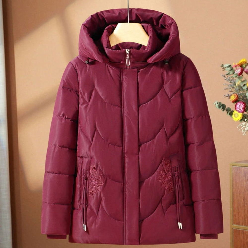 Women's Quilted Hooded Puffer Jacket Floral Embroidered Plus Size - Red
