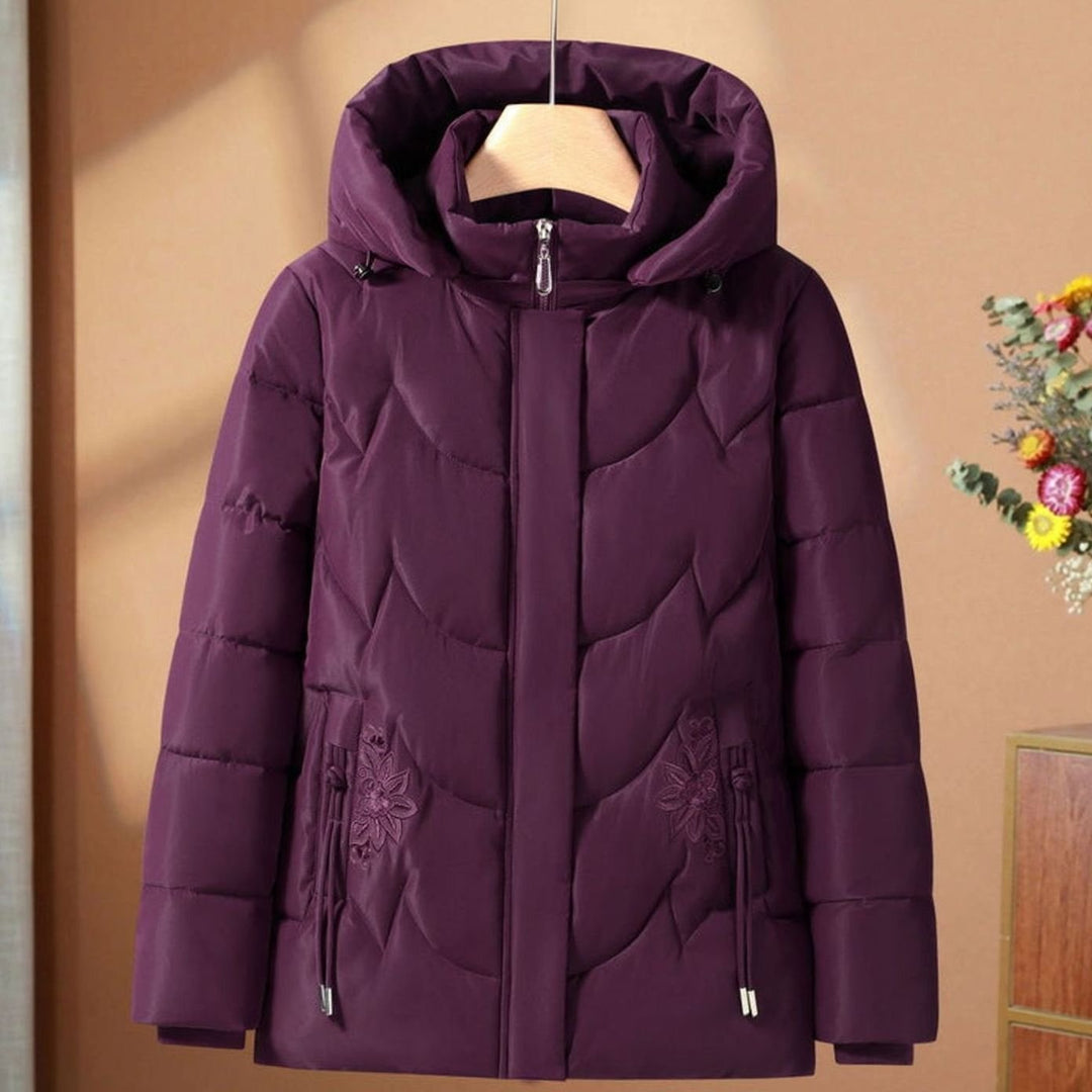 Women's Quilted Hooded Puffer Jacket Floral Embroidered Plus Size