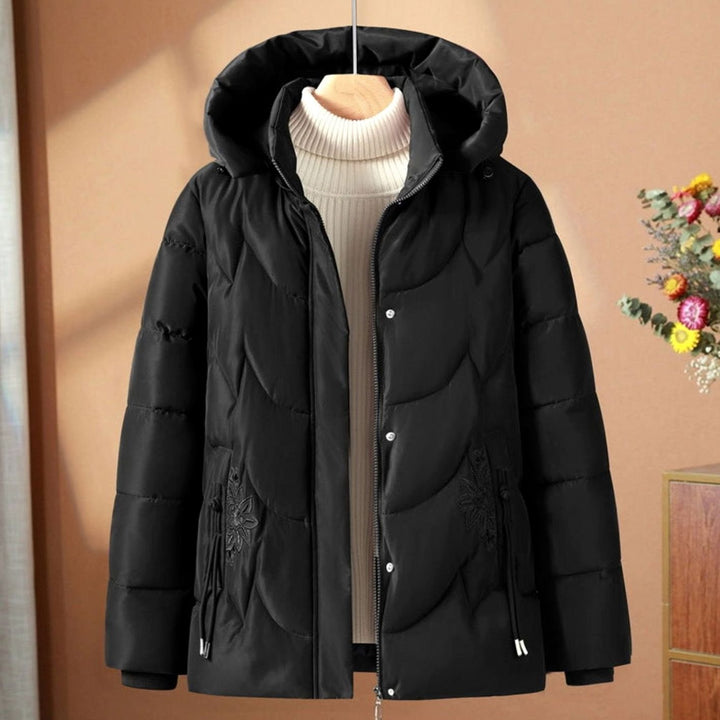 Women's Quilted Hooded Puffer Jacket Floral Embroidered Plus Size - Black