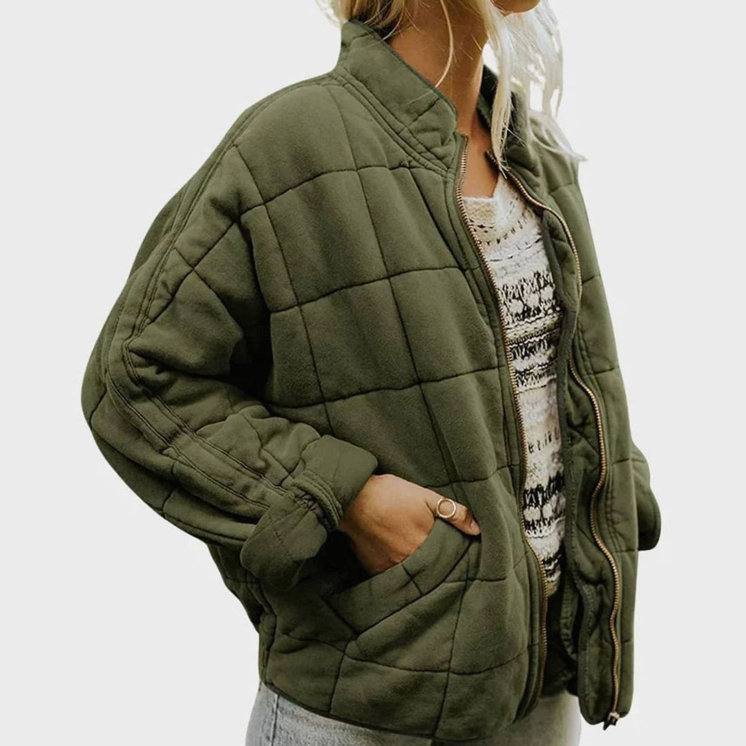 Women's Quilted Zip-Up Bomber Jacket Stand Collar - Green