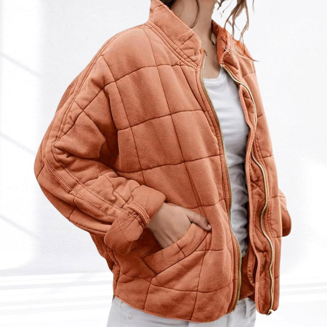 Women's Quilted Zip-Up Bomber Jacket Stand Collar - Peach