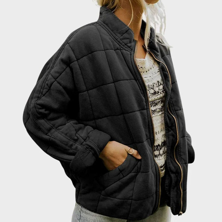 Women's Quilted Zip-Up Bomber Jacket Stand Collar - Black