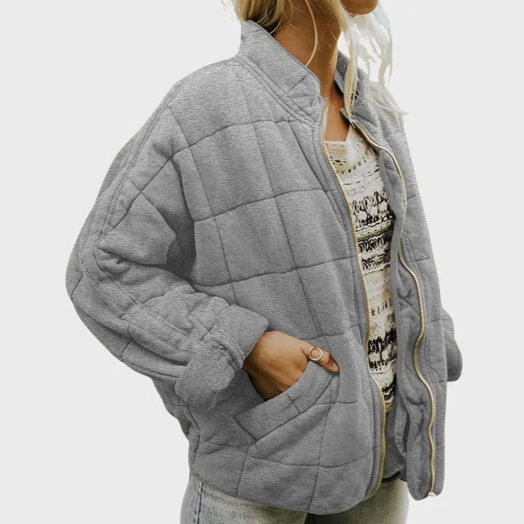 Women's Quilted Zip-Up Bomber Jacket Stand Collar - Grey