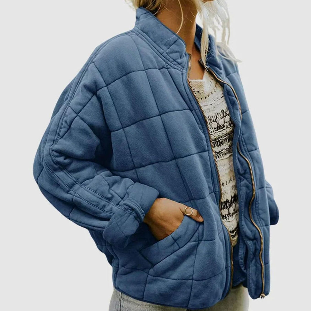 Women's Quilted Zip-Up Bomber Jacket Stand Collar - Blue
