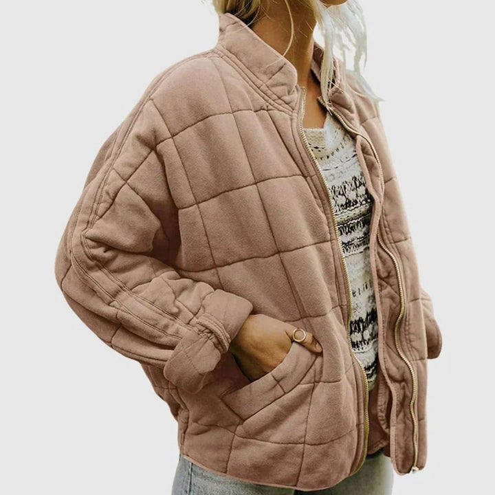 Women's Quilted Zip-Up Bomber Jacket Stand Collar - Khaki