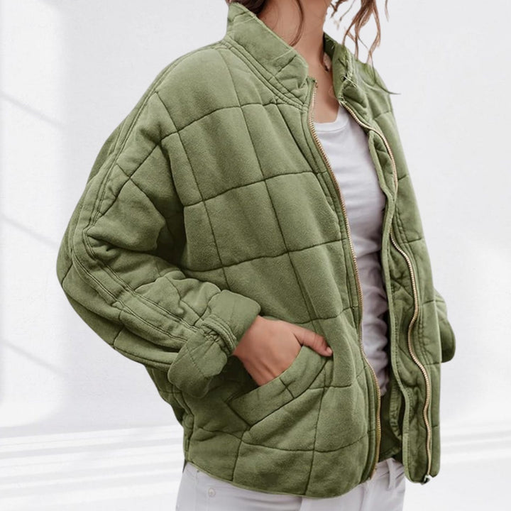 Women's Quilted Zip-Up Bomber Jacket Stand Collar - Sage Green