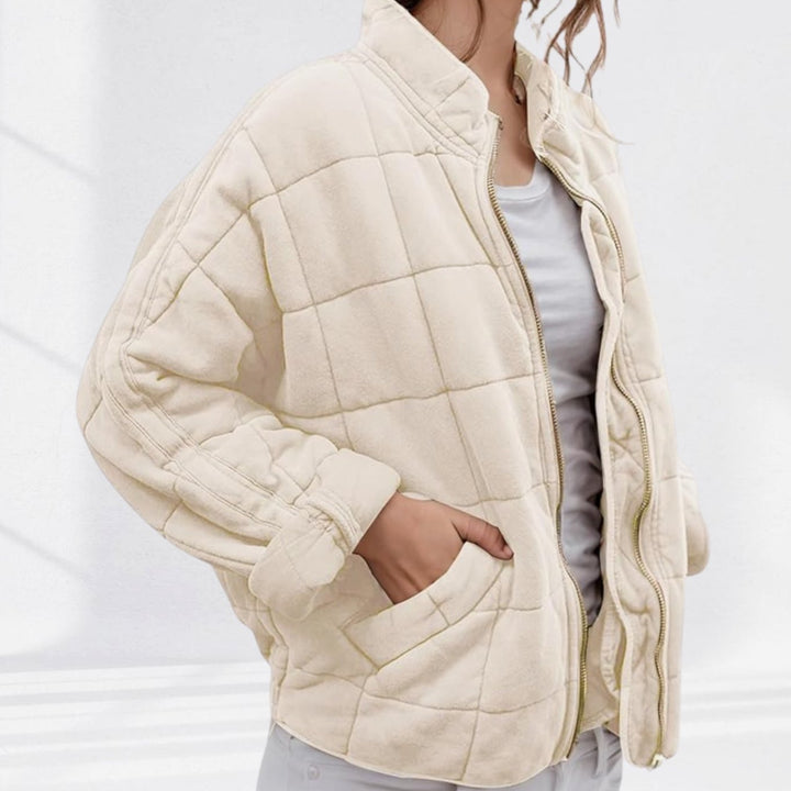 Women's Quilted Zip-Up Bomber Jacket Stand Collar - Cream