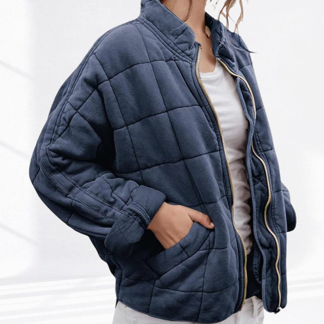 Women's Quilted Zip-Up Bomber Jacket Stand Collar - Navy Blue