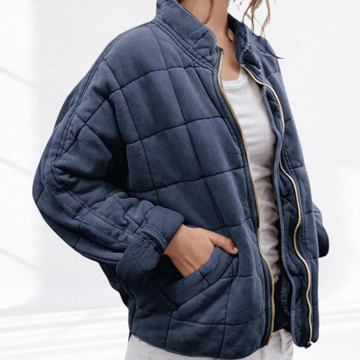 Women's Quilted Zip-Up Bomber Jacket Stand Collar - Navy Blue