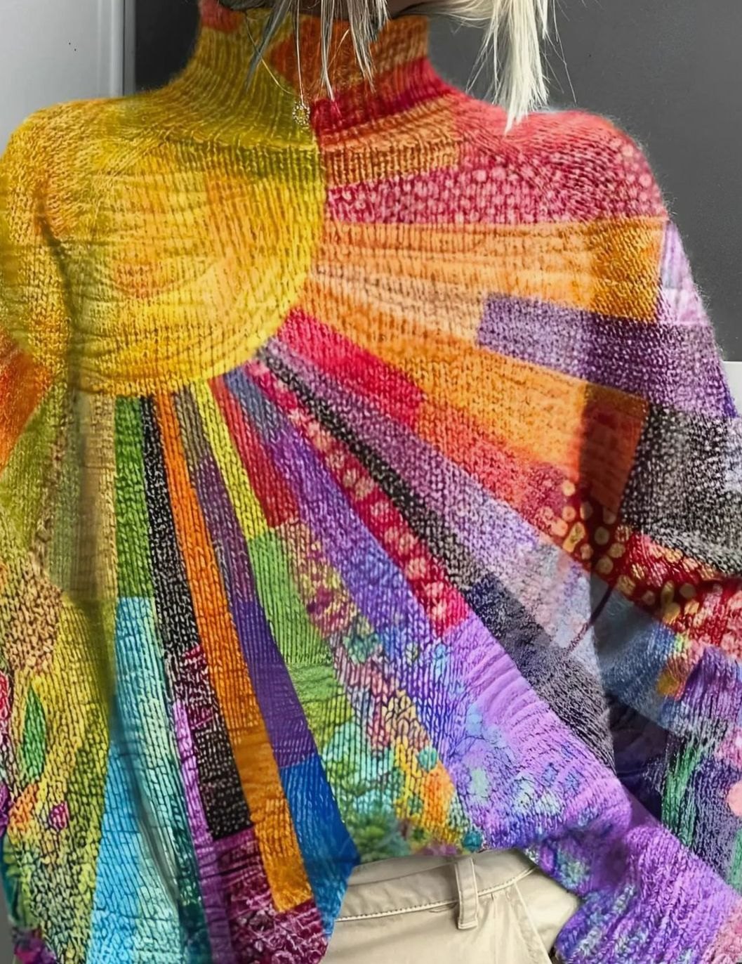 Women's Rainbow Colourblock Knit Turtleneck Jumper