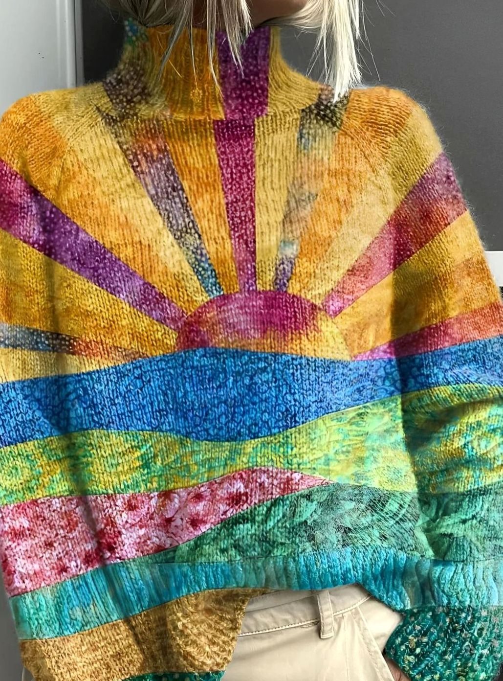 Women's Rainbow Sunrise Knit Turtleneck Jumper
