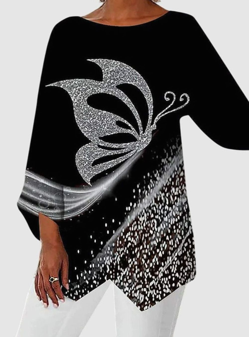 Women's Relaxed-Fit Butterfly Print Long Sleeve Crew Neck Top - Style 1