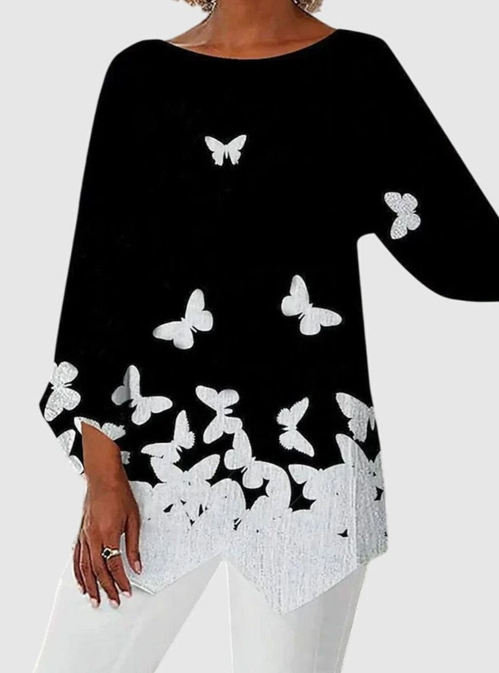 Women's Relaxed-Fit Butterfly Print Long Sleeve Crew Neck Top - Style 5
