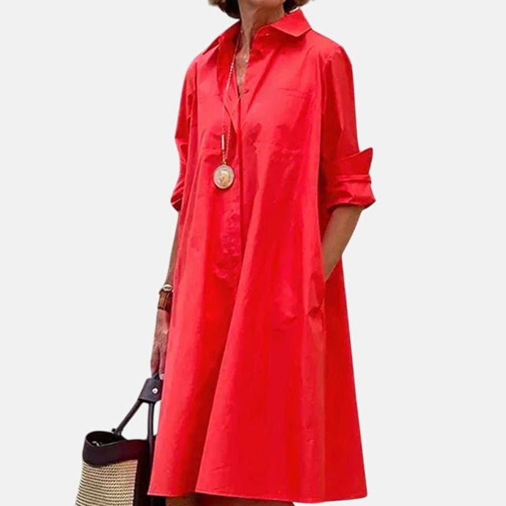 Women's Relaxed-Fit Collared Shirt Midi Dress With Pockets - Red