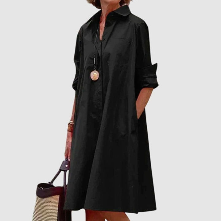 Women's Relaxed-Fit Collared Shirt Midi Dress With Pockets - Black