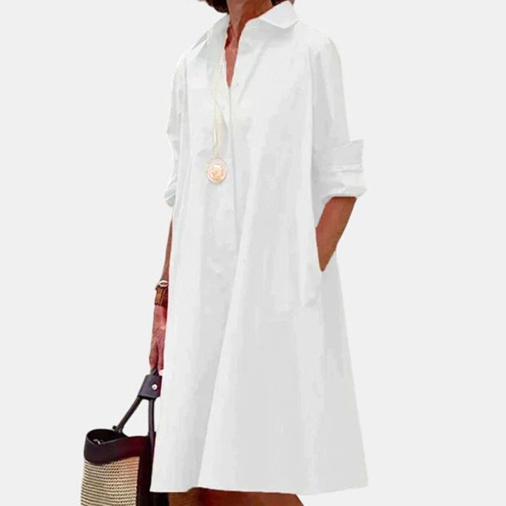 Women's Relaxed-Fit Collared Shirt Midi Dress With Pockets - White