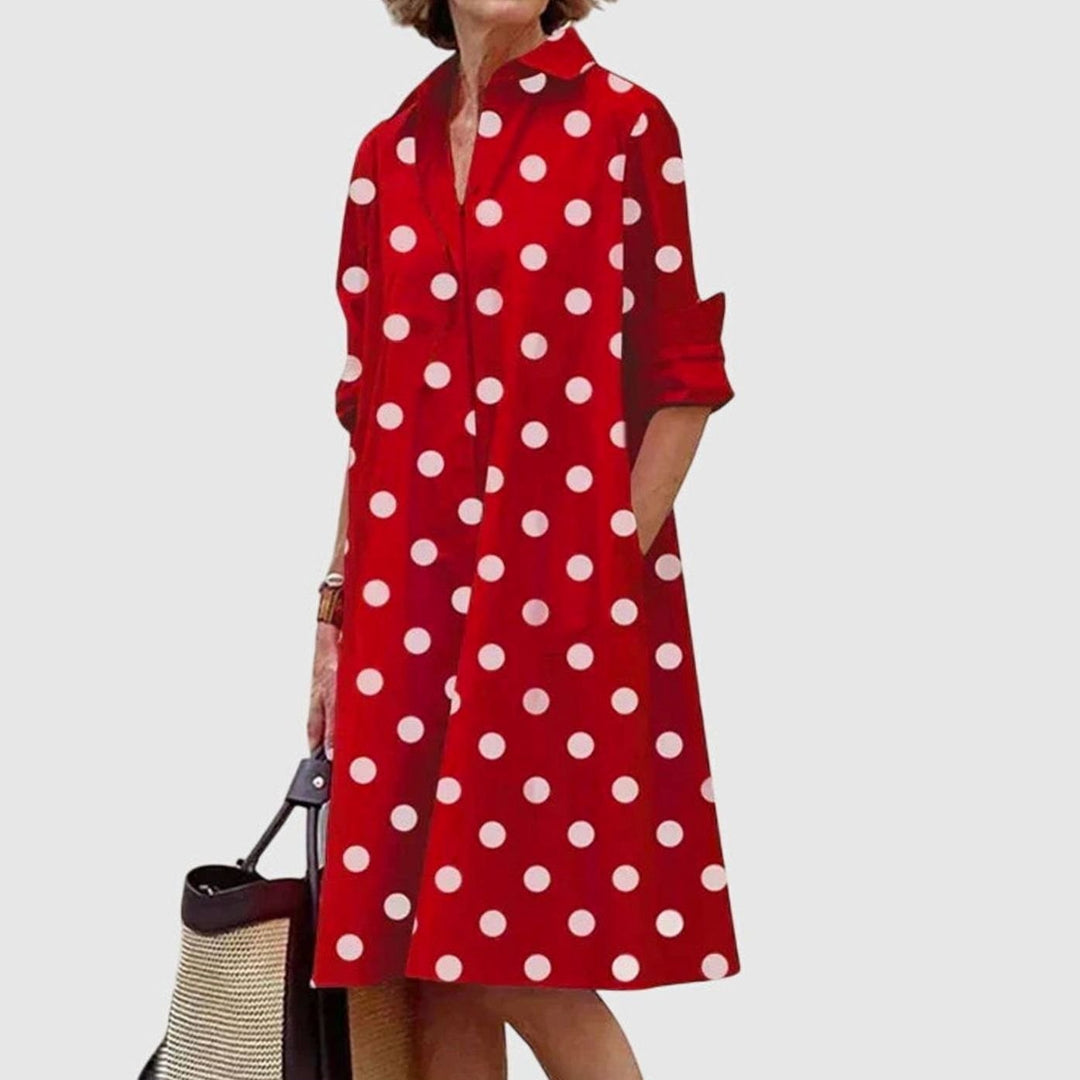 Women's Relaxed-Fit Collared Shirt Midi Dress With Pockets - Red/White
