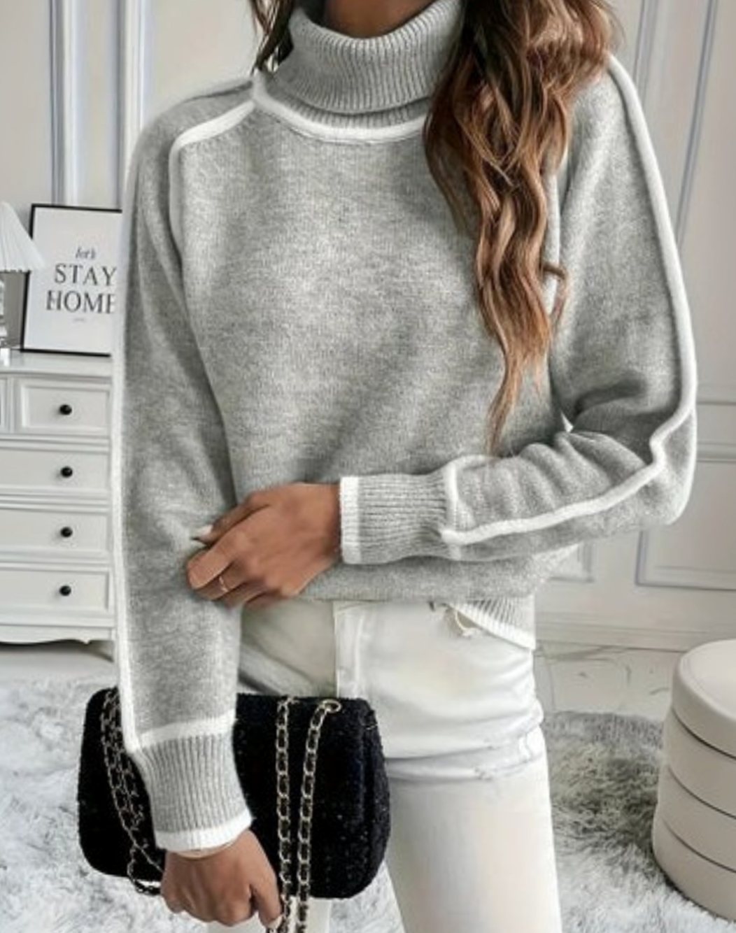 Women's Relaxed-Fit Contrast-Trim Turtleneck Jumper