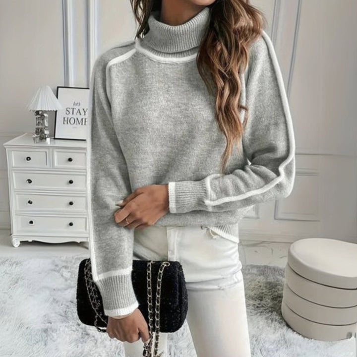 Women's Relaxed-Fit Contrast-Trim Turtleneck Jumper, Grey