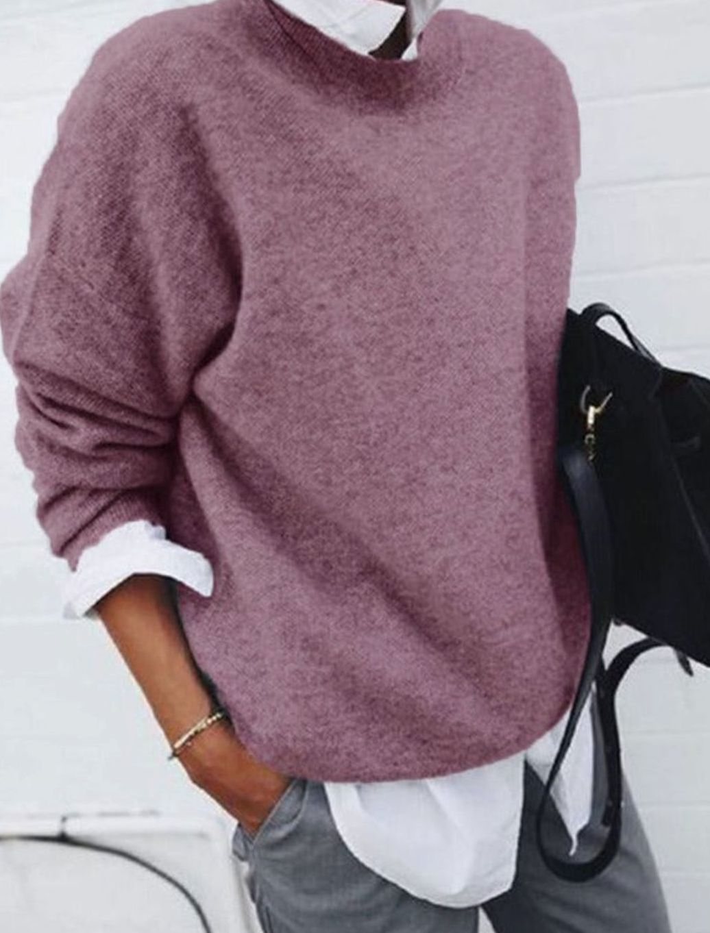 Women's Relaxed-Fit Crew-Neck Cashmere Knitted Jumper - Pink