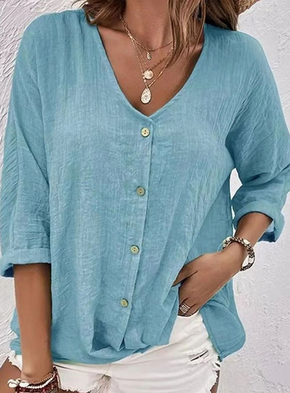 Women's Relaxed-Fit Crinkle Cotton V-Neck Button-Front Blouse - Light Blue
