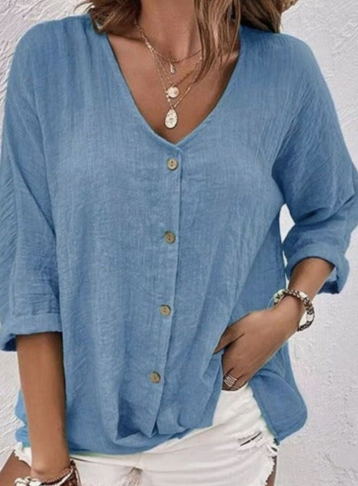 Women's Relaxed-Fit Crinkle Cotton V-Neck Button-Front Blouse - Steel Blue