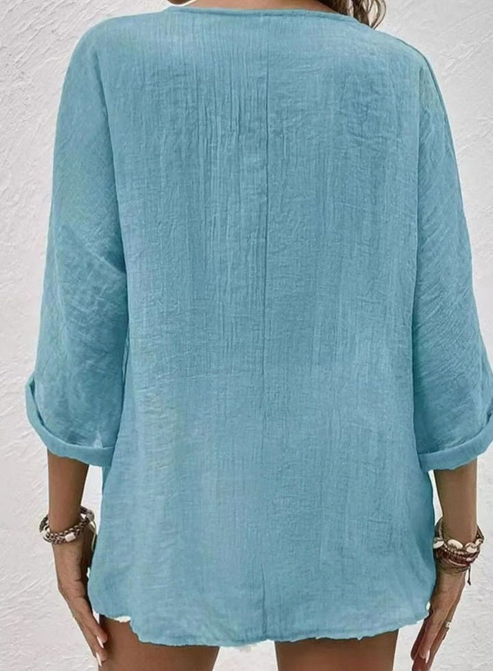 Women's Relaxed-Fit Crinkle Cotton V-Neck Button-Front Blouse